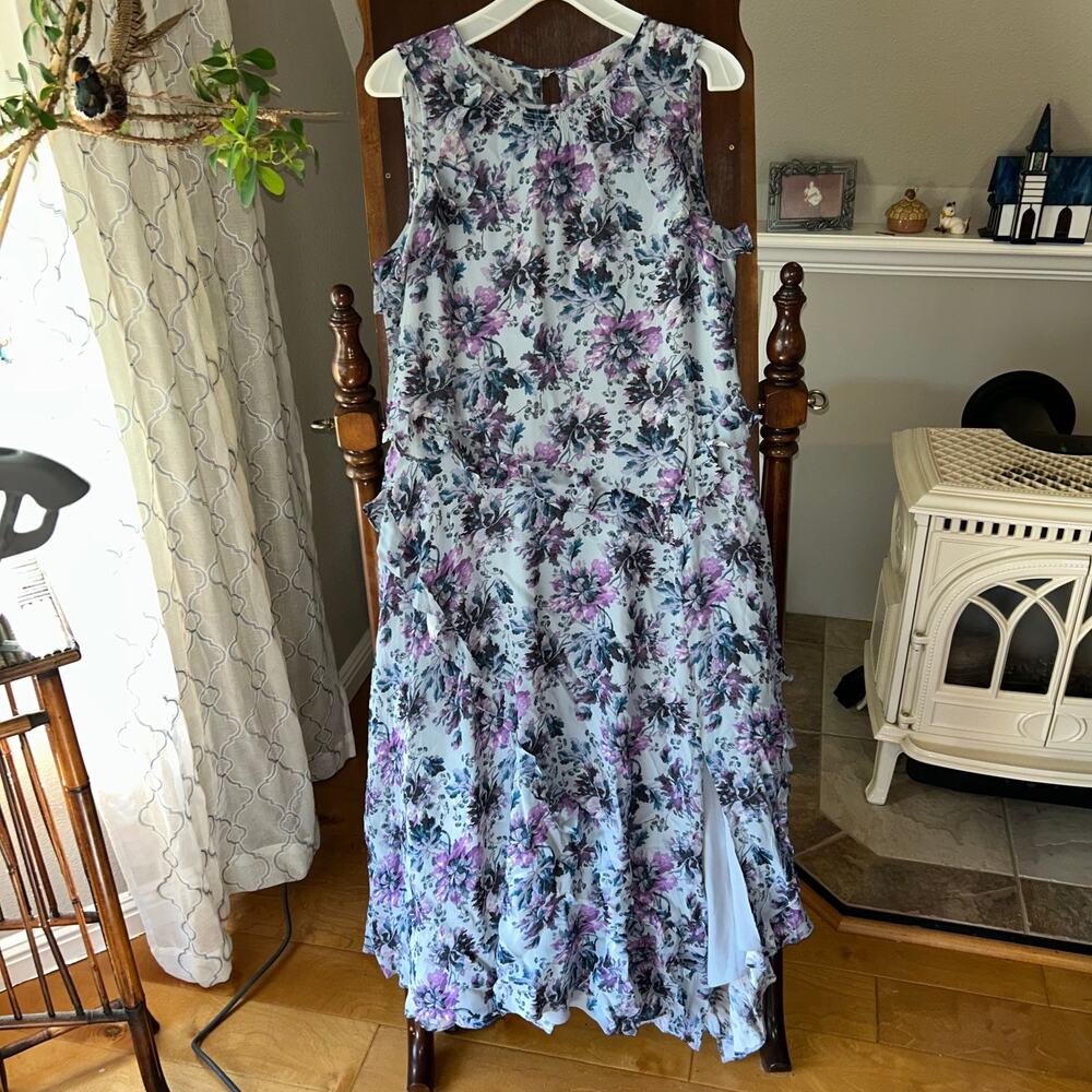 Sundance Womens Lavender Blue Floral Ruffle Sleeveless Long Maxi Dress Size L